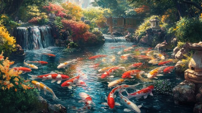 Tranquil haven, Koi fish swimming in a pond with waterfall and lush foliage