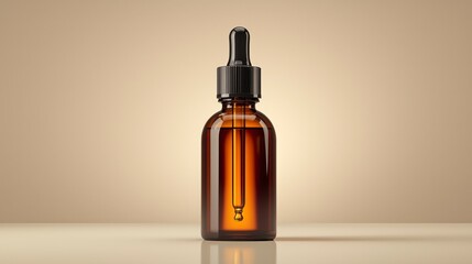 Fototapeta premium Amber Glass Dropper Bottle on Beige Background