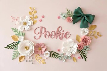 a soft pastel pink and green background with written 'pookie!' in the enter