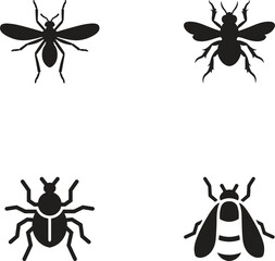 A Set of Black Insects Silhouette Flat Design Collection Fly, Bee, Beetle, and Bug Silhouettes