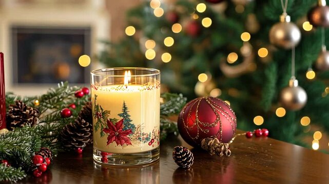 Christmas candle on table, fireplace and tree in background