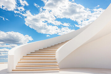 Endless staircase spiraling into the bright sky surrounded by fluffy clouds