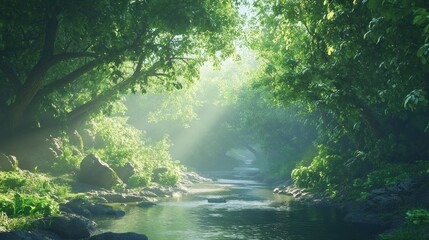 Mystical river flowing through a lush, sun-drenched forest landscape