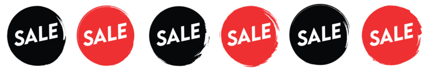 Grunge brush sale tag or labels set. Red and black circular design