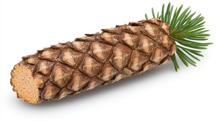 Detailed Close Up of a Brown Pine Cone and Green Branch on White Background