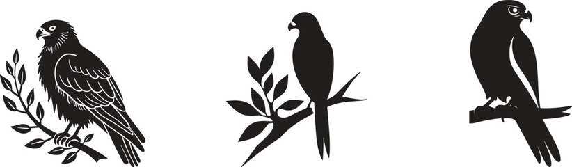 Fototapeta premium Set of Hawks on branches silhouette flat design vector icon illustration