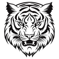 Detailed black and white illustration of a tiger head, perfect for graphic design and wildlife projects.