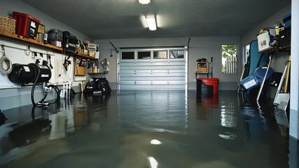 Garage flooded with murky water after heavy rainfall, interior home damage situation