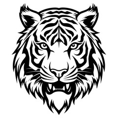 Detailed black and white illustration of a tiger head, perfect for graphic design and wildlife projects.