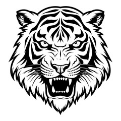 Detailed black and white illustration of a tiger head, perfect for graphic design and wildlife projects.