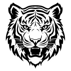 Detailed black and white illustration of a tiger head, perfect for graphic design and wildlife projects.