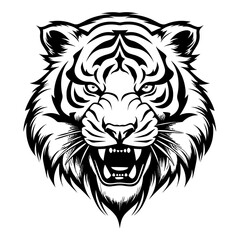 Detailed black and white illustration of a tiger head, perfect for graphic design and wildlife projects.