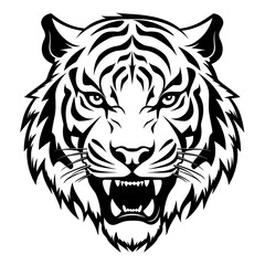 Detailed black and white illustration of a tiger head, perfect for graphic design and wildlife projects.