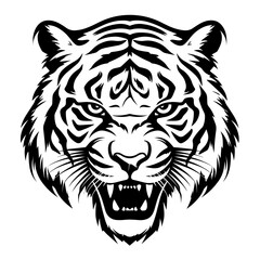 Detailed black and white illustration of a tiger head, perfect for graphic design and wildlife projects.