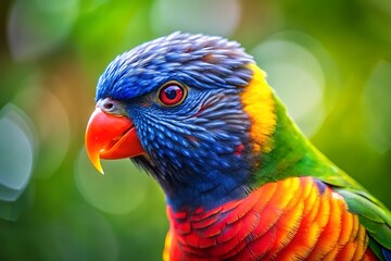 Naklejka premium A vibrant rainbow lorikeet, a jewel of the rainforest, its plumage bursting with dazzling colors against a softly blurred green backdrop.