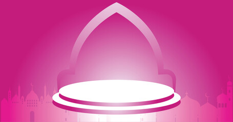 Banner ads on Round stage Colorful discount sale podium. Special offer composition pink background