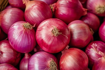Fresh Red Onions Close Up Bunch with Healthy Ingredient Arrangement