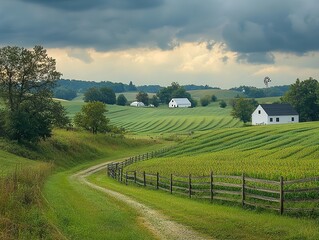 Fototapeta premium Amish farmland under dramatic sky rows of crops stretch wide with barns, windmills, fences, and dark clouds adding contrast to peaceful rural view
