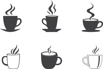 Set of coffee cups with steam. Black and white vector icons vector illustration isolate on white background