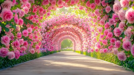 Fototapeta premium Serene pathway through blooming pink rose arches