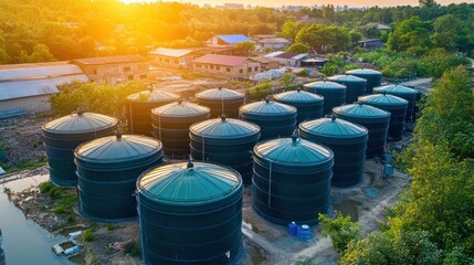 Fototapeta premium Aerial View of Modern Water Treatment Plant at Sunset