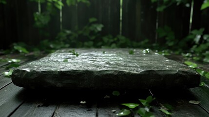 Rustic stone slab resting on wooden floor, surrounded by lush greenery