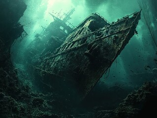  Sunken shipwreck overtaken by coral, seaweed, fish dart through cracks, glowing predator eyes lurk in shadows, ancient wreck cloaked in marine mystery.