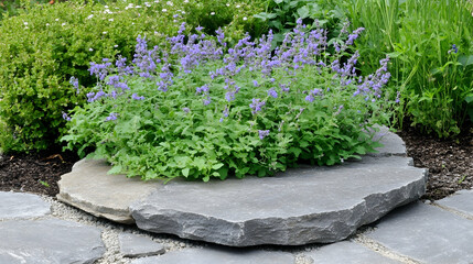 Naklejka premium Lavender plants in garden stone planter, lush green foliage background, landscaping design