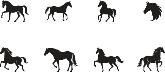 Collection of flat design vector icon illustrations of horse logo silhouettes on white background