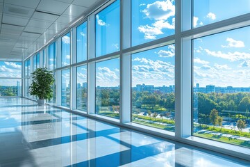 Large glass windows fill a contemporary office with natural light, showcasing a vibrant city view featuring greenery, blue skies, and distant buildings on a sunny day