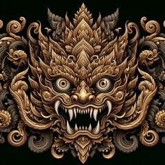 金色とブロンズの神秘的な神獣の顔、鋭い牙と見開いた目が印象的なシンメトリーの伝統装飾アート、黒背景に映える緻密で迫力ある幻想的デザイン