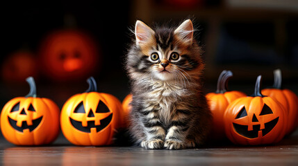 Adorable Kitten with Jack-o'-lanterns for Halloween