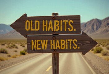 Old habits vs new habits signpost in desert road landscape