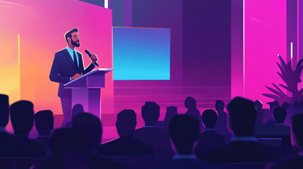 Professional speaker addressing an audience at a vibrant conference with colorful lighting
