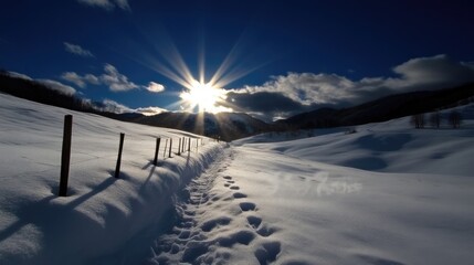 Winter sunbeam path through snowy landscape