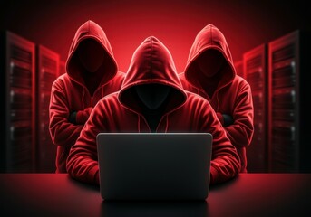Anonymous hackers in red hoodies working on laptop