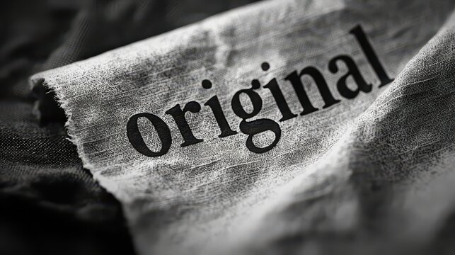 A close-up view of a piece of fabric showcasing the word original in bold letters. The texture of the material adds depth, creating an artistic representation of creativity and uniqueness