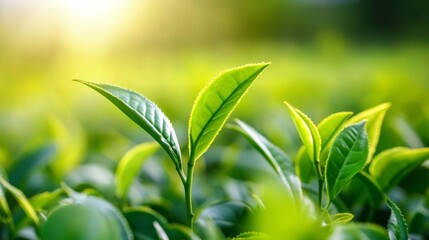 Obraz premium Sunlight on Vibrant Green Tea Leaves Close-up Macro Photography, Tea Plantation, Nature, Botany, Tea leaves, green tea