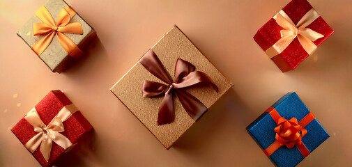 Set of gifts box. Collection realistic gift presents view top.  The box is decorated with a dark-colored ribbon. Beautiful gift for celebrate background. 