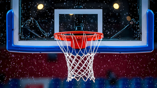 Basketball hoop, net, and backboard in an indoor arena. Intense sports action and competition.