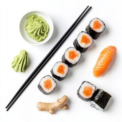 Assorted Sushi Selection with Salmon Rolls, Nigiri, Wasabi, and Ginger on a Clean White Background