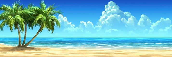 Obraz premium A tranquil beach features lush palm trees swaying gently beside the clear blue ocean. Fluffy clouds float above in a sunny sky, creating a perfect summer atmosphere