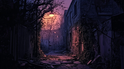 A post-apocalyptic alley overgrown with vines and debris, where the last remaining streetlamp struggles to stay lit, casting eerie moving shadows