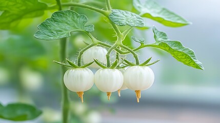 White Cherry Tomatoes Growing in Greenhouse.