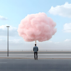 Pink cotton candy cloud, man stares