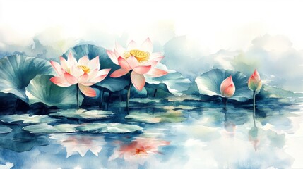 Colorful lotus flowers floating on water, watercolor artwork. 