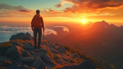 Fototapeta premium Hiker watching mountain sunset above clouds