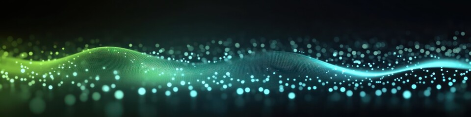 A captivating abstract gradient of green, cyan, and dark gray, with glowing dots scattered across the screen, creating the look of a sound wave or music equalizer