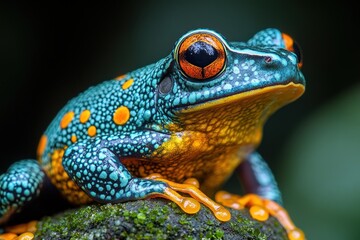 Vibrant blue-orange frog perched on mossy rock in rainforest