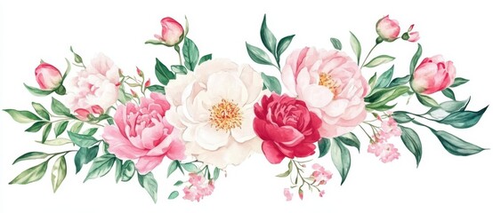 A stunning floral display showcases fully bloomed peonies in shades of pink and white, accompanied by budding flowers and green leaves, creating an elegant composition